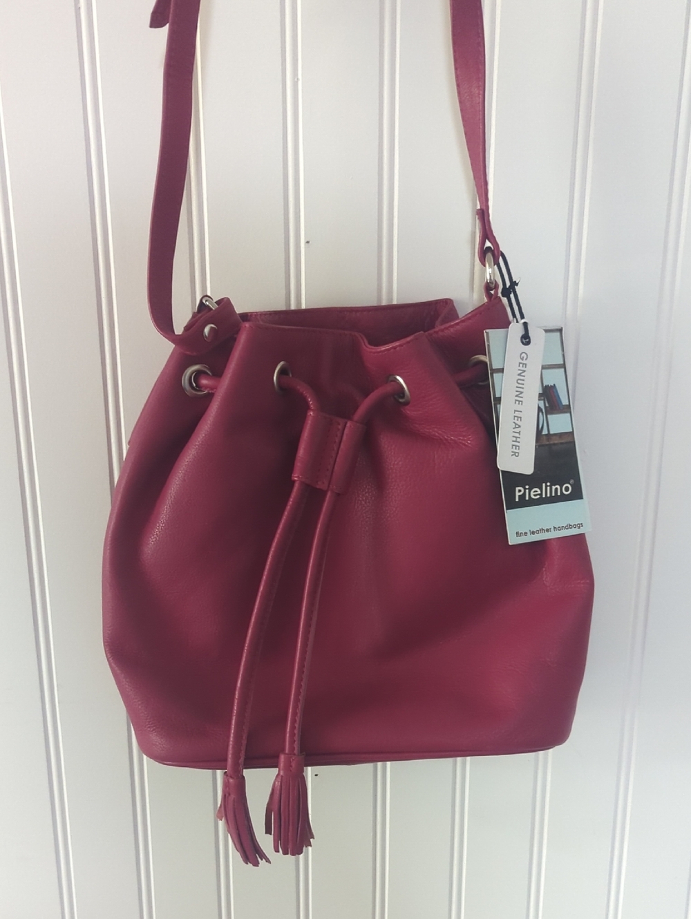 Genuine Leather Raspberry Drawstring Bucket Bag